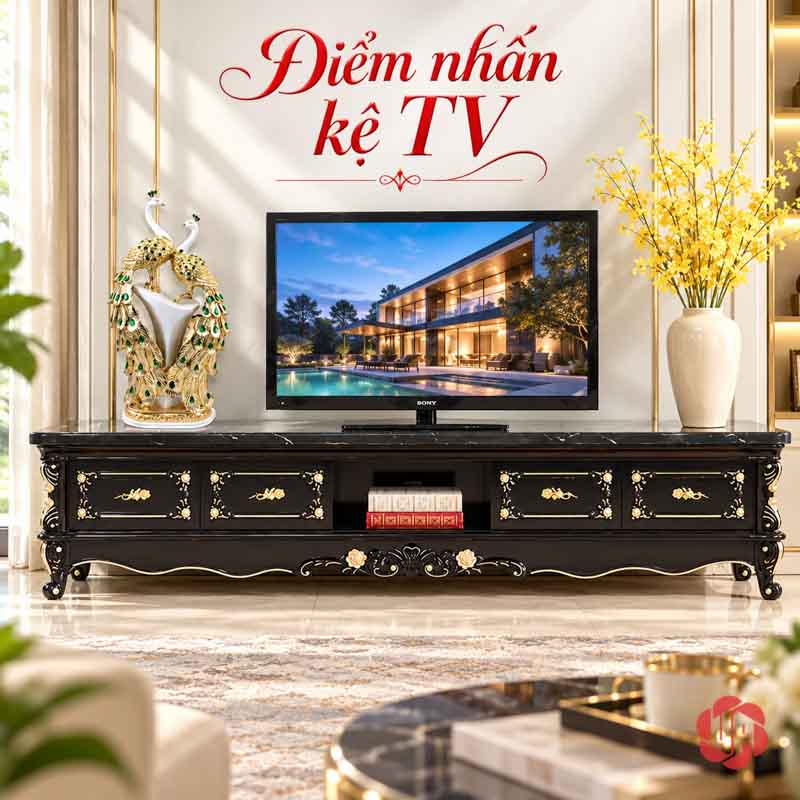 Tượng Đôi Chim Công Trắng Vàng Đuôi Xanh UPV061 Tượng đôi công đặt ở phía bên màn hình tivi trong phòng khách