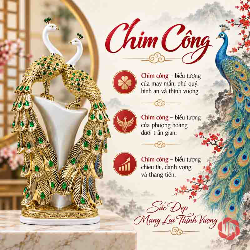 Tượng Đôi Chim Công Trắng Vàng Đuôi Xanh UPV061 Ảnh giới thiệu hình tượng đôi chim công cùng các lời chúc