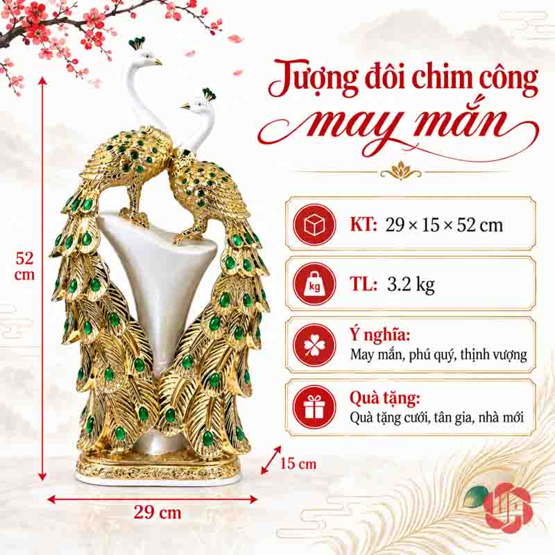Tượng Đôi Chim Công Trắng Vàng Đuôi Xanh UPV061 Ảnh ghi kích thước tượng đôi công rộng 29 sâu 15 cao 52 cm