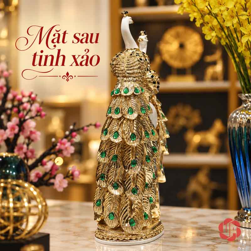 Tượng Đôi Chim Công Trắng Vàng Đuôi Xanh UPV061 Góc phía sau tượng chim công với dải đuôi phủ lớp