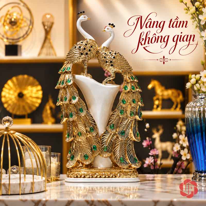 Tượng Đôi Chim Công Trắng Vàng Đuôi Xanh UPV061 Đôi chim công trắng vàng trên bàn sáng cạnh phụ kiện decor