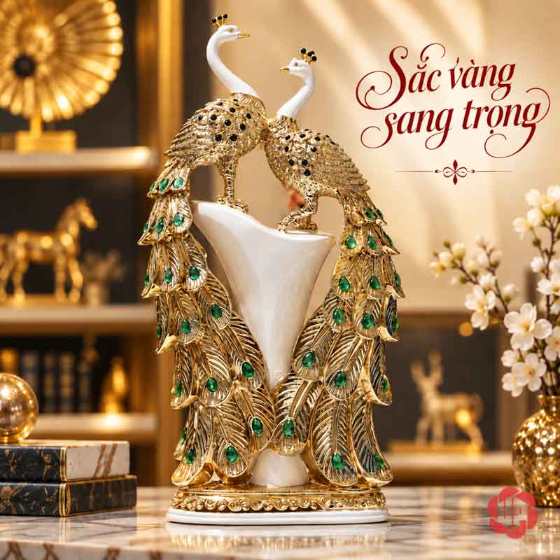 Tượng Đôi Chim Công Trắng Vàng Đuôi Xanh UPV061 Tượng đôi công màu vàng trắng trong không gian có phụ kiện vàng
