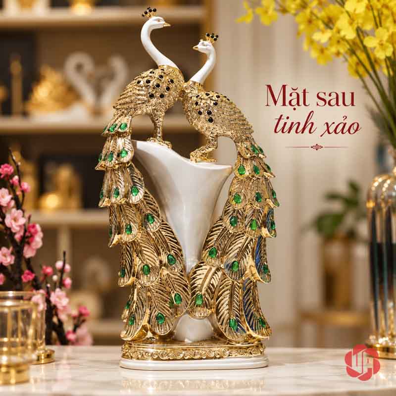 Tượng Đôi Chim Công Trắng Vàng Đuôi Xanh UPV061 Góc toàn cảnh bổ sung của tượng đôi công trắng vàng
