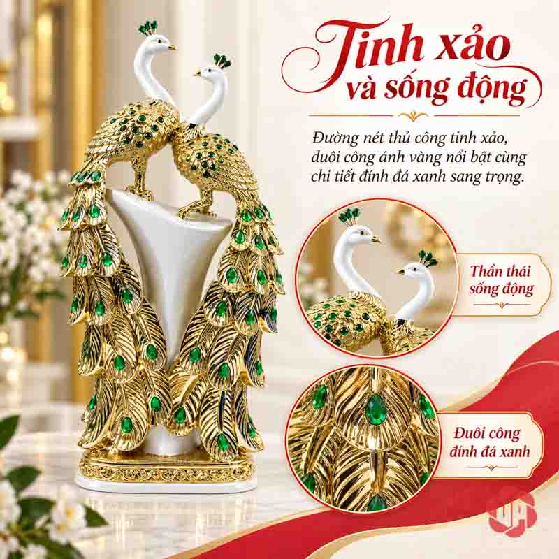 Tượng Đôi Chim Công Trắng Vàng Đuôi Xanh UPV061 Ảnh tổng hợp toàn cảnh và chi tiết đầu đuôi tượng chim công
