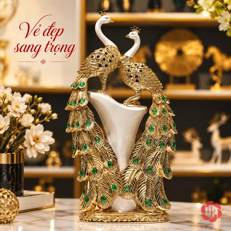 Tượng Đôi Chim Công Trắng Vàng Đuôi Xanh UPV061 Đôi chim công UPV061 trên mặt bàn đá sáng