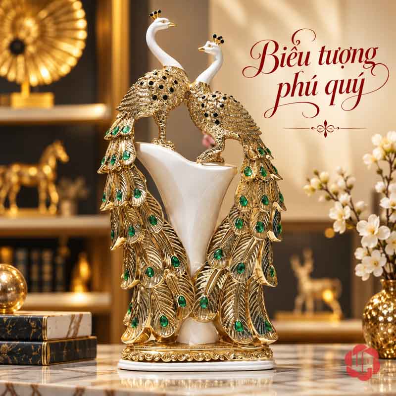 Tượng Đôi Chim Công Trắng Vàng Đuôi Xanh UPV061 Tượng đôi công với đuôi xanh rủ và cổ trắng vươn cao