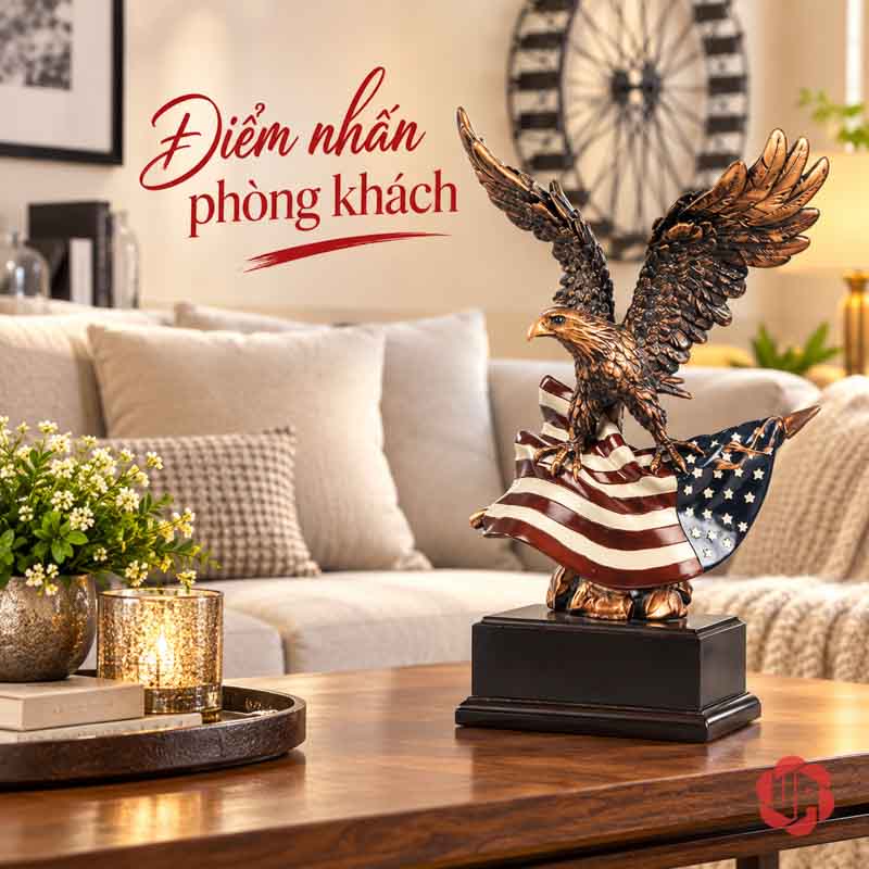 Tượng Đại Bàng Mỹ Dang Cánh UPV063 Tượng đại bàng trên bàn trà trước ghế sofa sáng màu