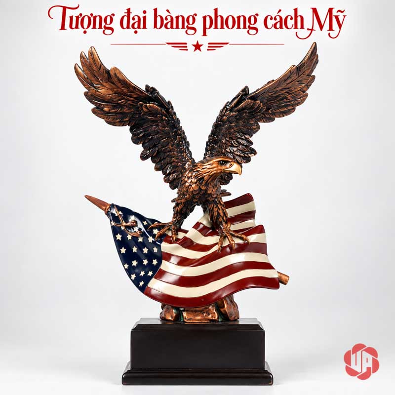 Tượng Đại Bàng Mỹ Dang Cánh UPV063 Tượng đại bàng dang cánh cùng lá cờ Mỹ trên nền trắng