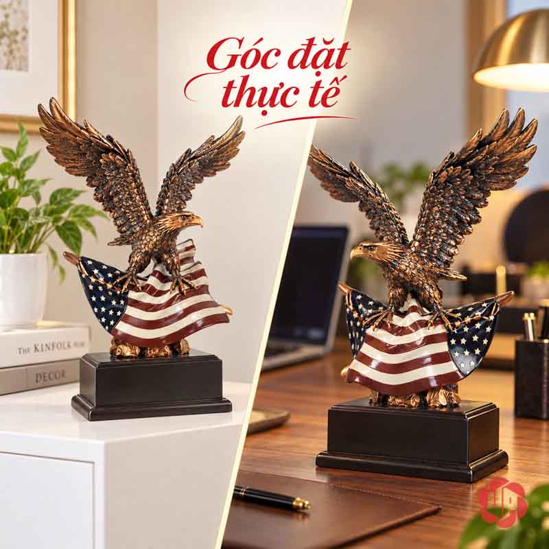 Tượng Đại Bàng Mỹ Dang Cánh UPV063 Ảnh ghép hai cách đặt tượng đại bàng trên bệ sáng và bàn gỗ