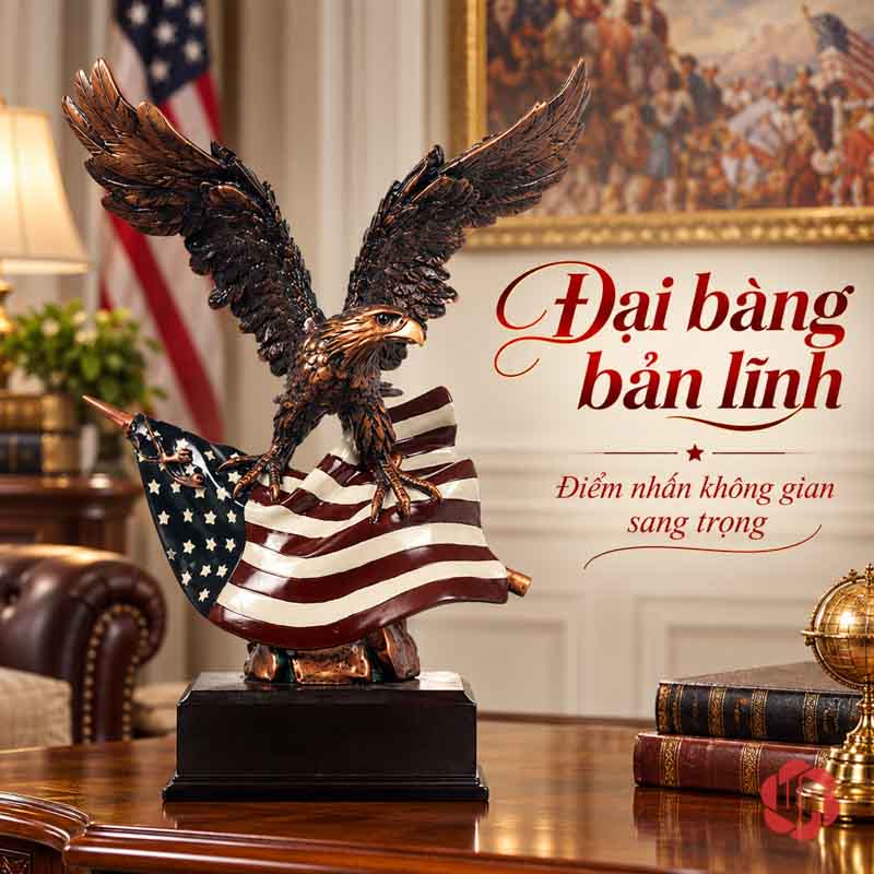 Tượng Đại Bàng Mỹ Dang Cánh UPV063 Tượng đại bàng trong không gian có bàn gỗ và ghế da