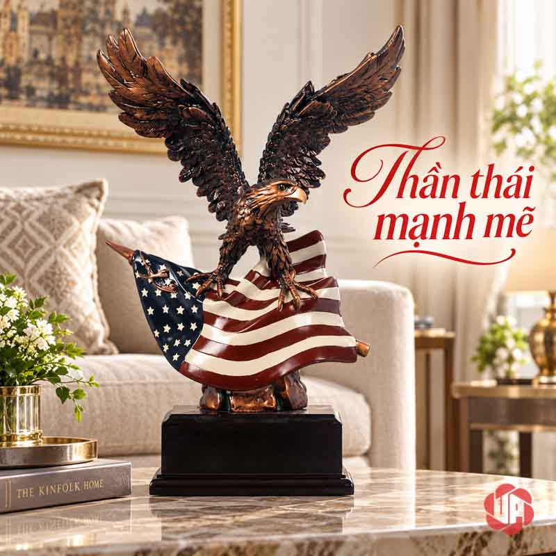 Tượng Đại Bàng Mỹ Dang Cánh UPV063 Tượng đại bàng màu đồng trên mặt bàn đá sáng