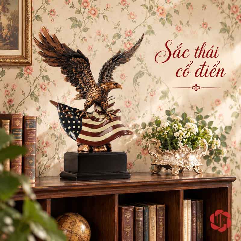 Tượng Đại Bàng Mỹ Dang Cánh UPV063 Đại bàng cùng lá cờ Mỹ đặt trên mặt tủ gỗ cạnh hoa