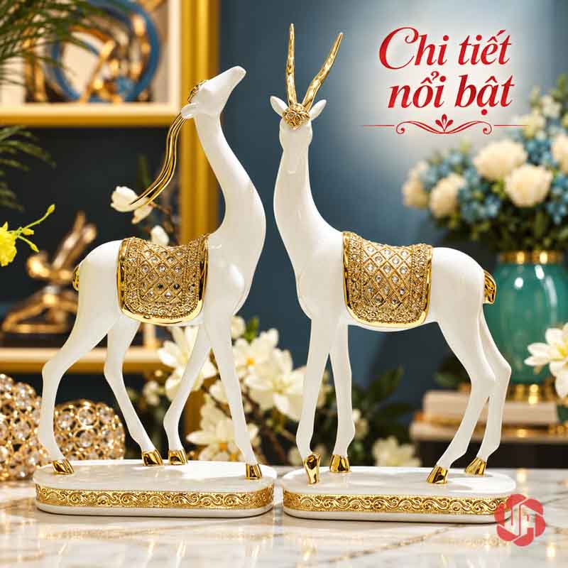 Đôi Tượng Dê Nghệ Thuật Trắng Vàng UPV064 Toàn cảnh hai tượng dê UPV064 trên hai chân đế riêng