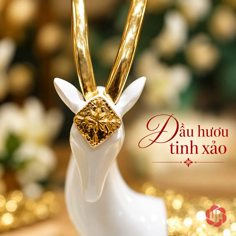 Đôi Tượng Dê Nghệ Thuật Trắng Vàng UPV064 Cận cảnh đầu và hai sừng màu vàng của tượng dê nghệ thuật