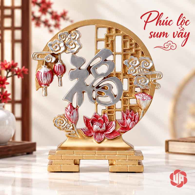 Bộ Tượng Hươu Chữ Phúc UPV067 Bảng chữ Phúc tròn với hoa sen đỏ và đèn lồng trang trí