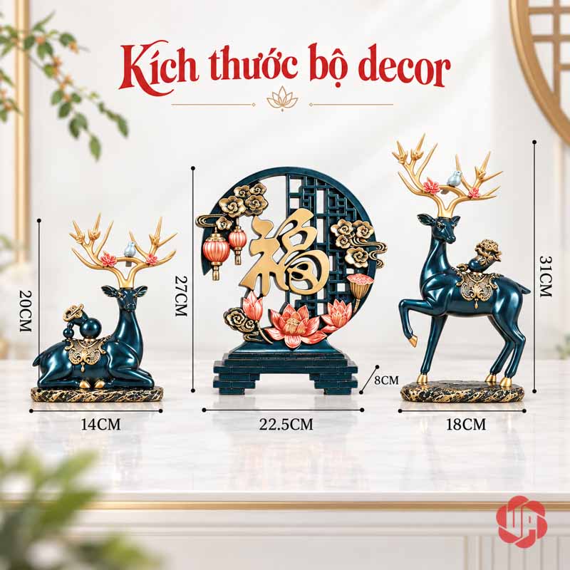 Bộ Tượng Hươu Chữ Phúc UPV067 Ảnh tham khảo số đo hươu đứng 18 x 31 hươu nằm 14 x 20 chữ Phúc 22,5 x 27 cm