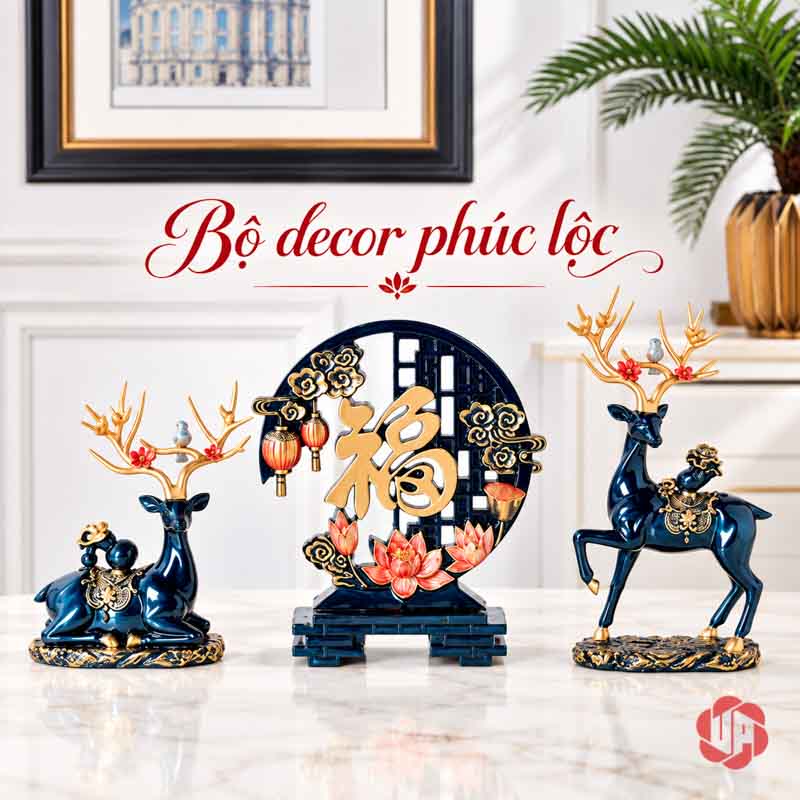 Bộ Tượng Hươu Chữ Phúc UPV067 Hai tượng hươu xanh đặt hai bên bảng chữ Phúc tròn