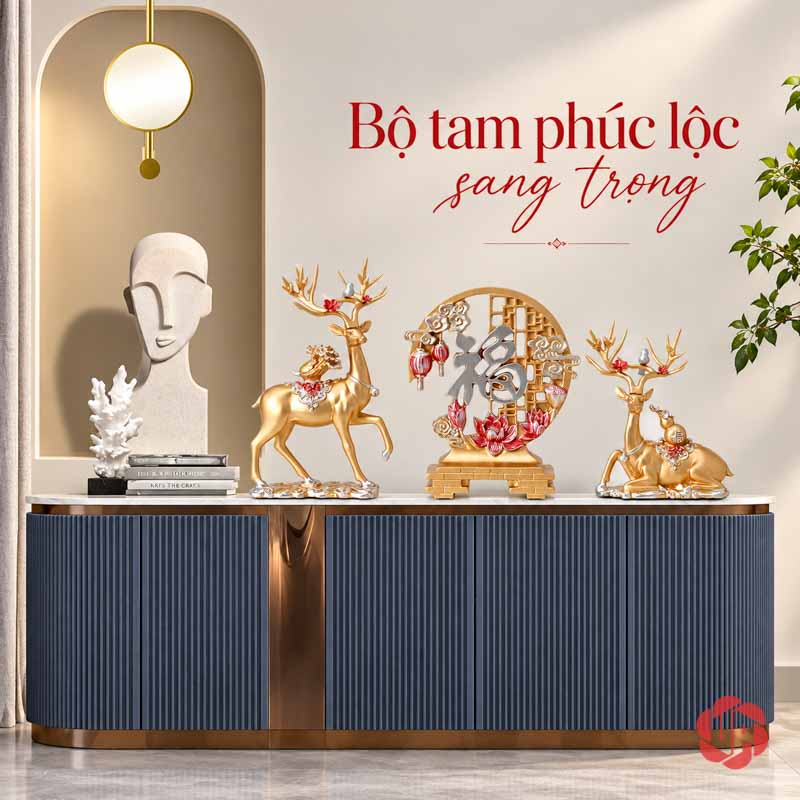 Bộ Tượng Hươu Chữ Phúc UPV067 Bộ hươu vàng chữ Phúc trên tủ console màu tối