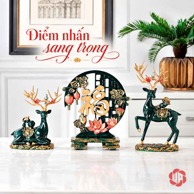 Bộ Tượng Hươu Chữ Phúc UPV067 Bộ hươu xanh chữ Phúc trên mặt kê sáng trước tường trắng