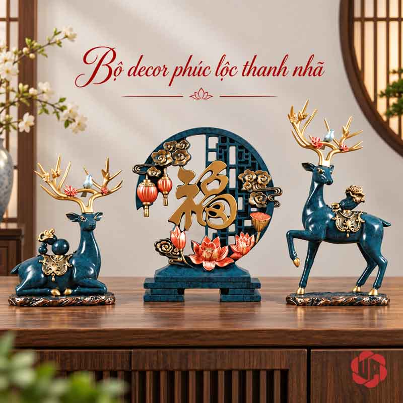 Bộ Tượng Hươu Chữ Phúc UPV067 Bộ hươu xanh và chữ Phúc trên tủ gỗ trước bình phong