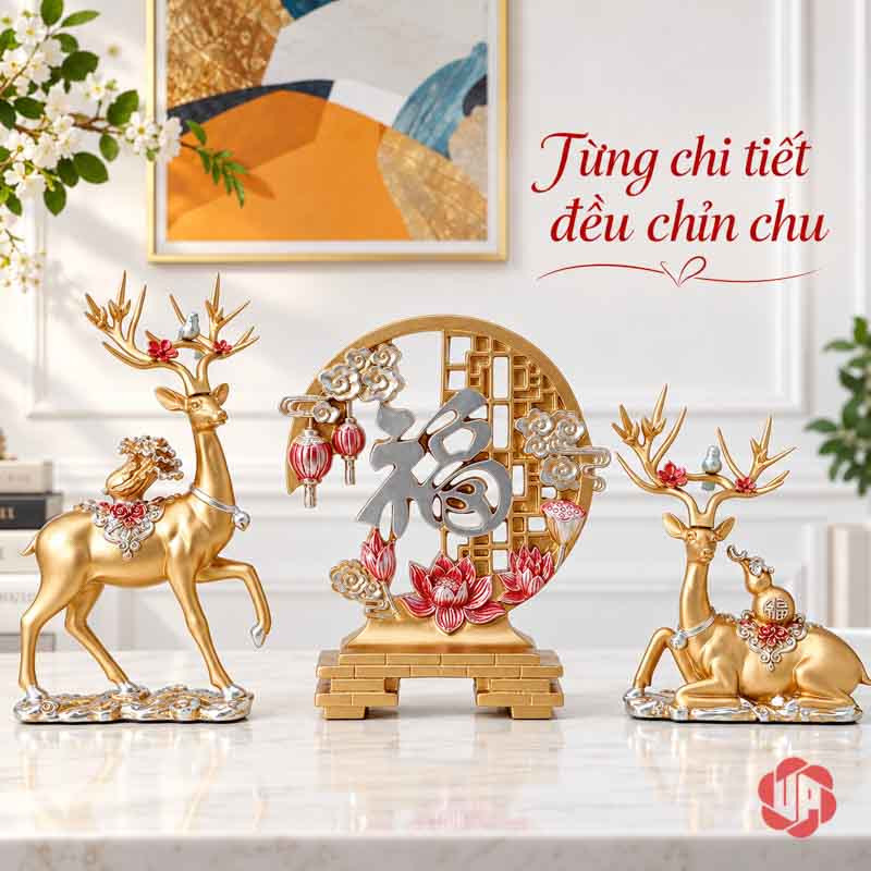Bộ Tượng Hươu Chữ Phúc UPV067 Bộ hươu vàng và chữ Phúc nhìn toàn cảnh trên bàn đá