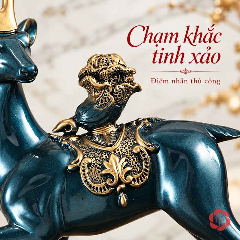 Bộ Tượng Hươu Chữ Phúc UPV067 Cận cảnh chi tiết bắp cải và hoa văn vàng trên lưng hươu xanh