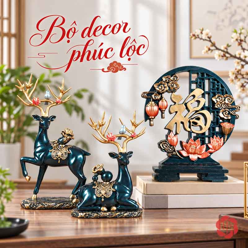 Bộ Tượng Hươu Chữ Phúc UPV067 Bộ hươu xanh được đặt lệch trước sau cạnh bảng chữ Phúc