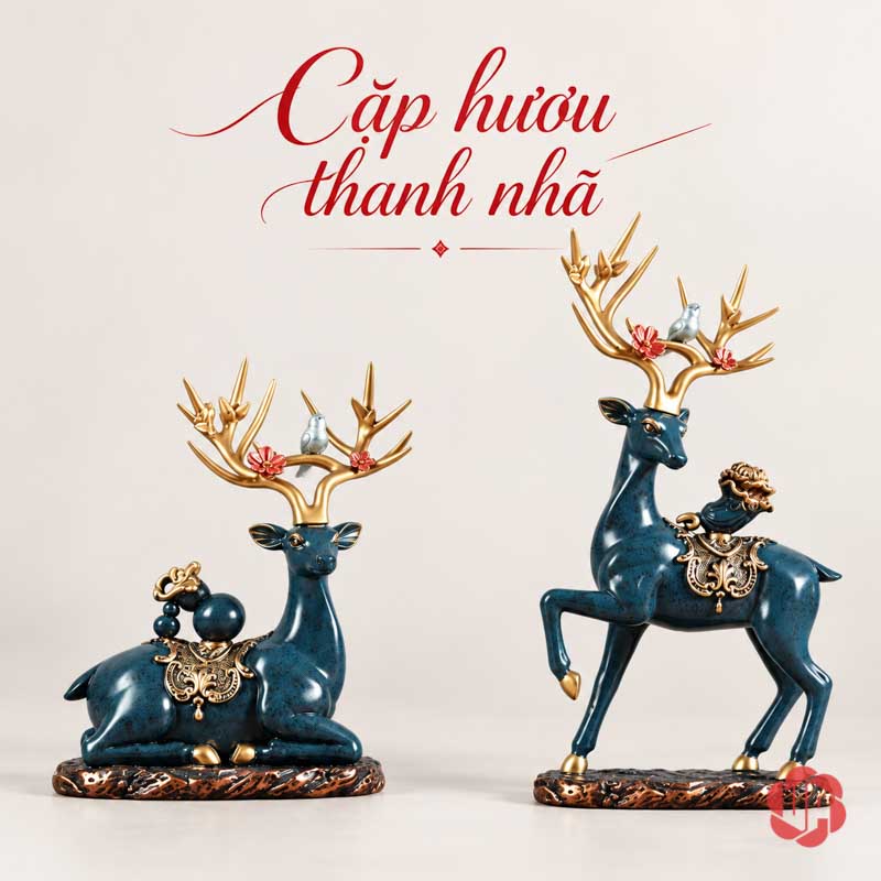 Bộ Tượng Hươu Chữ Phúc UPV067 Cặp hươu xanh đậm với một dáng nằm và một dáng đứng