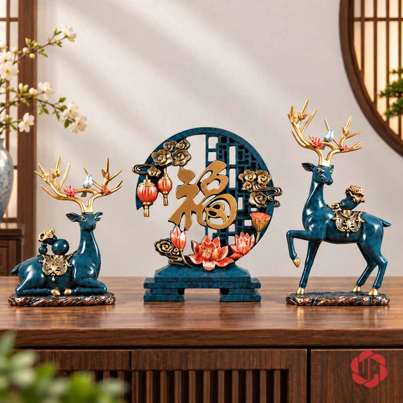 Bộ Tượng Hươu Chữ Phúc UPV067 Bộ tượng hươu chữ Phúc UPV067 xanh đậm trên mặt tủ gỗ