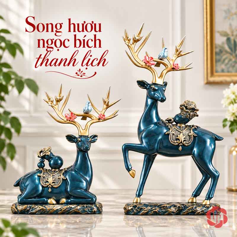 Bộ Tượng Hươu Chữ Phúc UPV067 Hai tượng hươu xanh với gạc vàng và chi tiết trên lưng