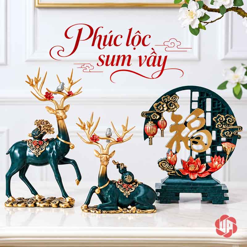 Bộ Tượng Hươu Chữ Phúc UPV067 Hươu xanh và bảng chữ Phúc trong bố cục trang trí tông ấm