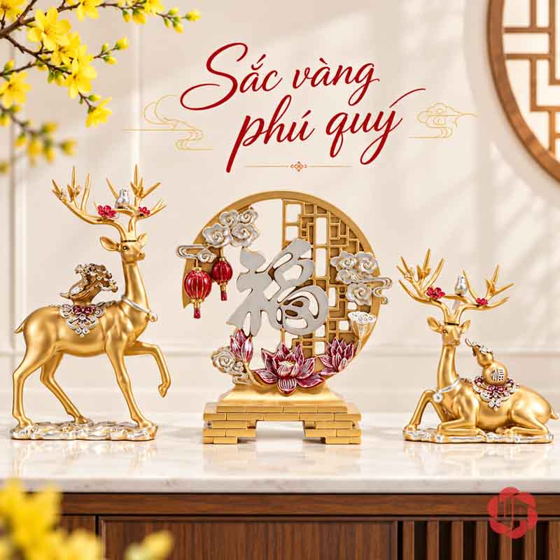 Bộ Tượng Hươu Chữ Phúc UPV067 Bộ hươu vàng cùng chữ Phúc cạnh hoa vàng và nền bình phong