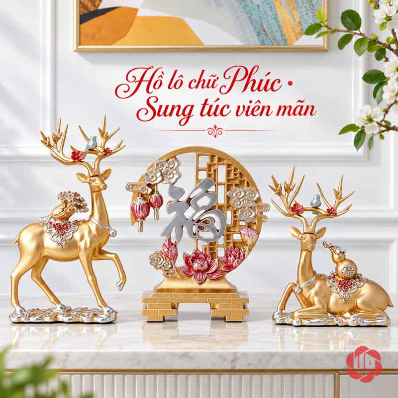 Bộ Tượng Hươu Chữ Phúc UPV067 Bộ hươu vàng chữ Phúc trên mặt bàn dưới tranh trang trí