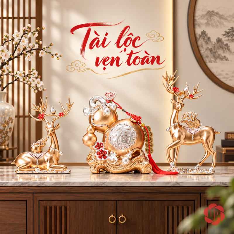 Bộ Tượng Hươu Hồ Lô UPVHL067 Hươu và hồ lô vàng trên tủ gỗ có cành hoa bên cạnh