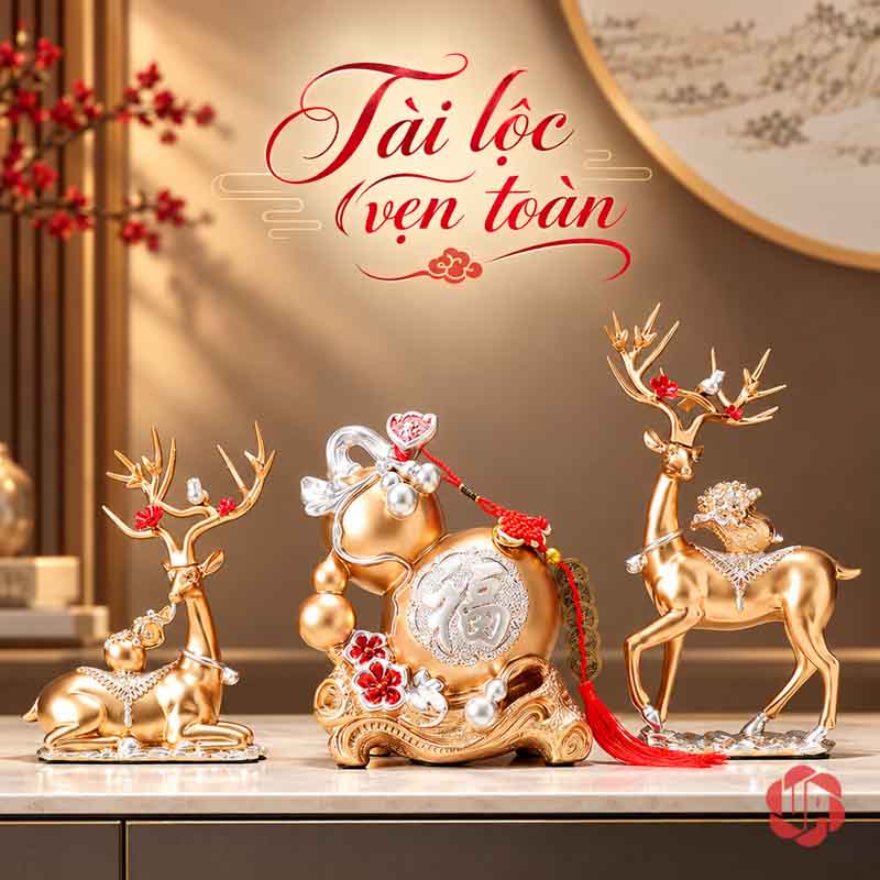 Bộ Tượng Hươu Hồ Lô UPVHL067 Bộ hươu hồ lô vàng trên tủ trước nền trang trí tông ấm
