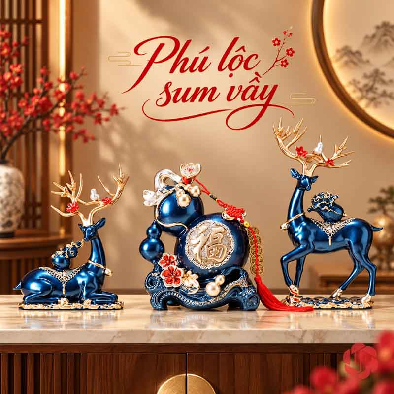 Bộ Tượng Hươu Hồ Lô UPVHL067 Hai hươu và hồ lô xanh dương đặt trên tủ console