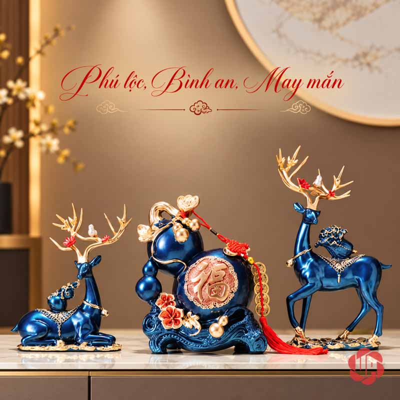 Bộ Tượng Hươu Hồ Lô UPVHL067 Bộ hươu và hồ lô xanh dương phối vàng với dây tua đỏ