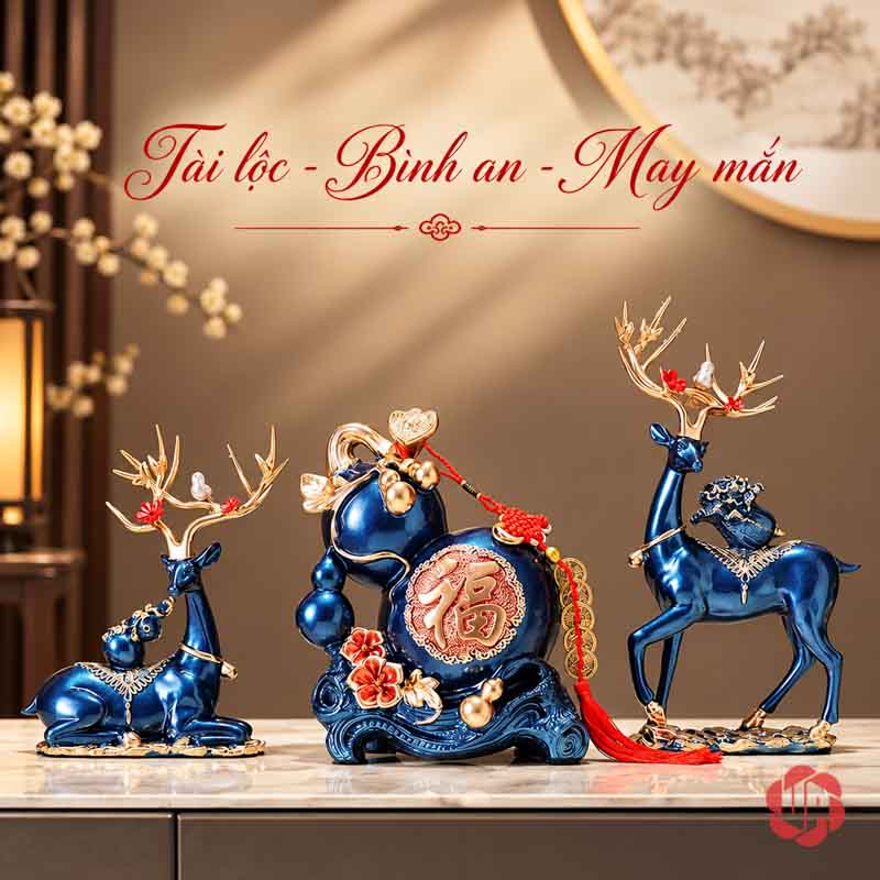 Bộ Tượng Hươu Hồ Lô UPVHL067 Bộ hươu hồ lô xanh dương trên mặt tủ sáng