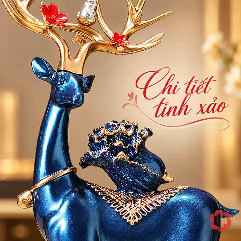 Bộ Tượng Hươu Hồ Lô UPVHL067 Cận cảnh đầu gạc và bắp cải trang trí trên lưng hươu xanh
