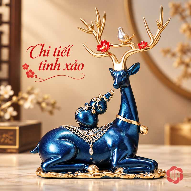 Bộ Tượng Hươu Hồ Lô UPVHL067 Hươu nằm màu xanh với gạc vàng và hồ lô nhỏ trên lưng