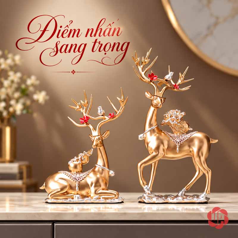 Bộ Tượng Hươu Hồ Lô UPVHL067 Hai tượng hươu màu vàng với một dáng đứng và một dáng nằm