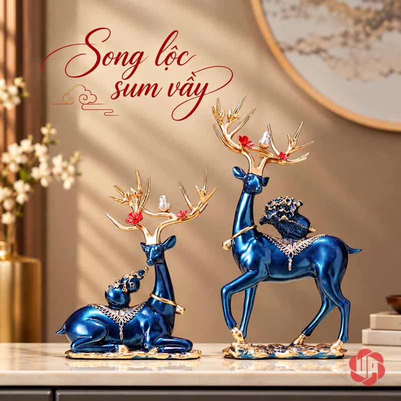 Bộ Tượng Hươu Hồ Lô UPVHL067 Cặp hươu xanh dương có gạc vàng và chi tiết đỏ