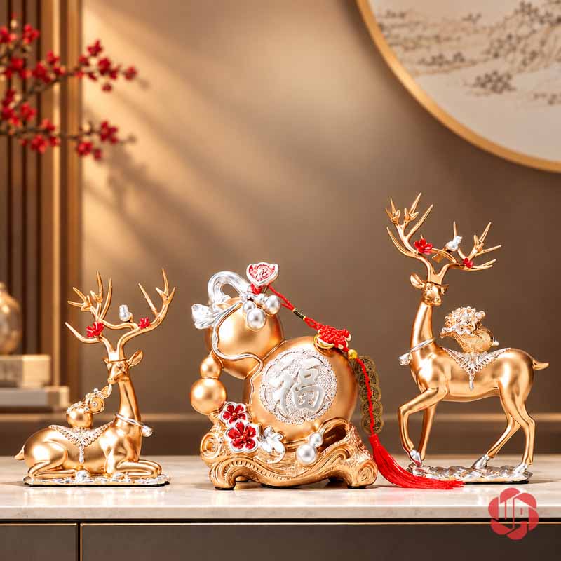 Bộ Tượng Hươu Hồ Lô UPVHL067 Bộ tượng hươu hồ lô UPVHL067 màu vàng trên mặt tủ
