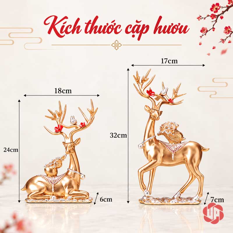 Bộ Tượng Hươu Hồ Lô UPVHL067 Ảnh kích thước hươu đứng 17 x 7 x 32 và hươu nằm 18 x 6 x 24 cm