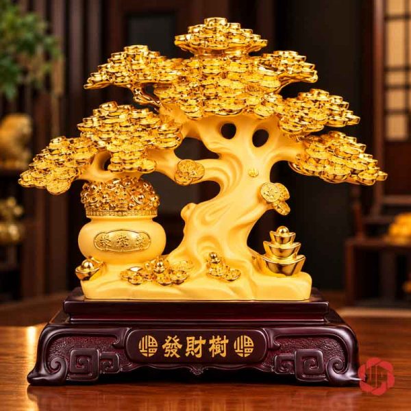 Toàn dáng cây tiền vàng tán tầng trên đế màu nâu trầm