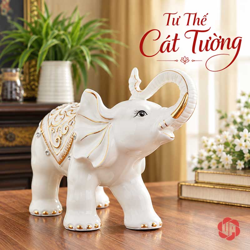 Đồ Trang Trí Nhà Đẹp Đôi Voi Gốm Sứ May Mắn UPS015 Voi sứ trắng vòi vươn cao với hoa văn vàng trên lưng